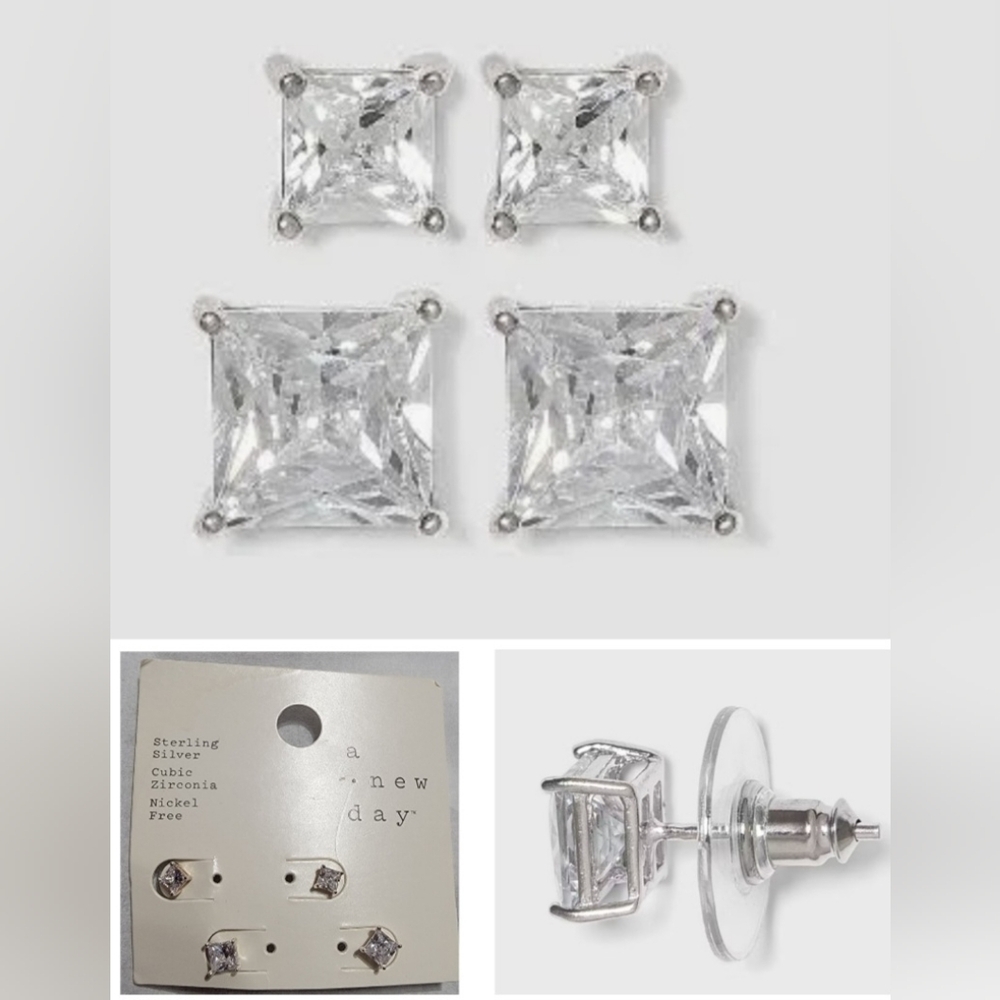 Nwt A New Day Sterling Silver Cubic Zirconia Stud Earrings Small 2 Pair